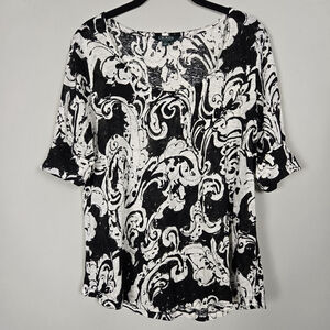 Lauren Ralph Lauren Black and White Swirl Print Short Sleeve Blouse